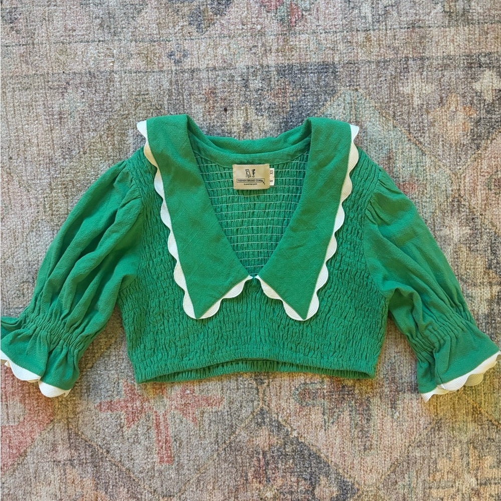 Fashion Brand Company Cartoon Green & White Linen Blouse